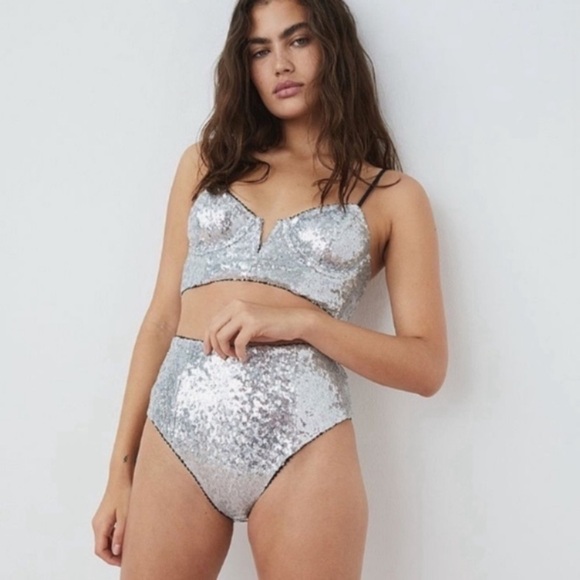 new! for love and lemons silver glimmer sequin high waisted panty 3750 - Picture 1 of 11